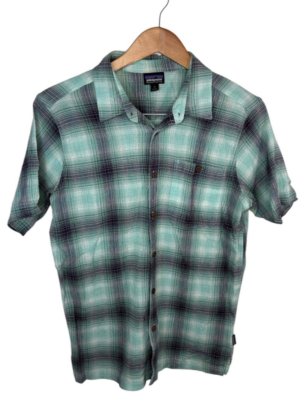 Patagonia Green Blue Plaid Short Sleeve Organic Crinkle Button Shirt Men Size M
